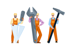 Workers holding oversized construction and building tools Product Image 1