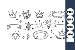Hand-drawn crowns crystals hearts diamonds and banners vecto Product Image 1
