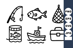 Fishing equipment and fish icons with boat and tackle box il Product Image 1