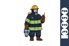 Firefighter in protective gear holding gas mask and radio co Product Image 1