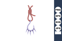Fishing hook with sharp curved barbs hanging on brown rope v Product Image 1