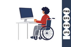 Person in wheelchair working at computer desk with orange mu Product Image 1