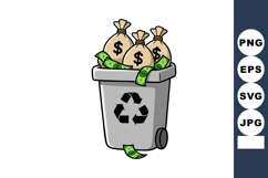 Money bags overflowing recycling bin concept of wasting cash Product Image 1