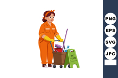 Female Janitor Cleaning Wet Floor with Orange Uniform and Cl Product Image 1