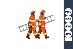 Firefighters in orange protective gear carrying ladder walki Product Image 1