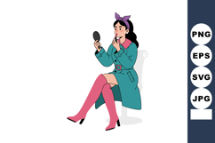 Woman wearing teal coat and pink boots applying lipstick wit Product Image 1