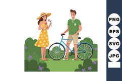 Young couple enjoying outdoor spring day with bicycle and fl Product Image 1