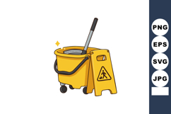 Yellow mop bucket with wet floor caution sign and mop handle Product Image 1