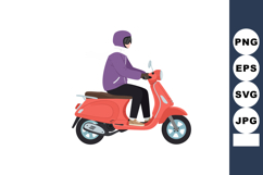 Person riding red scooter wearing purple jacket and helmet v Product Image 1