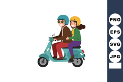Young couple riding blue scooter wearing colorful helmets an Product Image 1