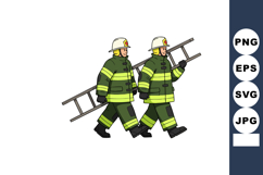 Two firefighters carrying ladder in safety gear walking side Product Image 1