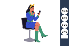 Woman Sitting on Chair Applying Lipstick with Mirror Wearing Product Image 1