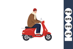 Man Riding Red Scooter Wearing Brown Jacket and Red Beanie N Product Image 1
