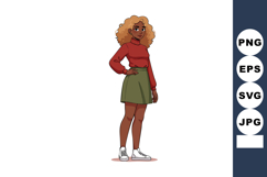 Young woman with curly hair in red sweater and green skirt c Product Image 1