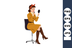 Woman in brown coat sitting on office chair applying lipstic Product Image 1