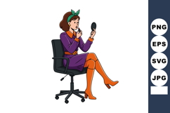 Woman sitting on office chair applying makeup with mirror in Product Image 1