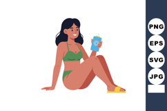 Woman in green bikini sitting with sunscreen bottle summer b Product Image 1