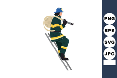 Firefighter climbing ladder carrying hose wearing protective Product Image 1