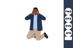 Man covering ears while kneeling on floor in casual outfit v Product Image 1