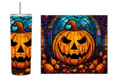 Stained Glass Pumpkin Tumbler. Halloween Tumbler Sublimation Product Image 2