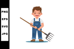 Boy holding garden fork in overalls smiling cheerful vector Product Image 1