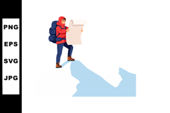 Hiker with backpack standing on cliff edge reading map outdo Product Image 1