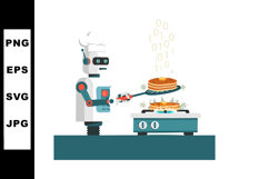 Robot cooking pancakes with binary code data in futuristic k Product Image 1