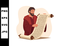 Bearded man reading ancient scroll with script in historical Product Image 1