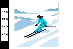 Female skier wearing teal outfit skiing downhill on snowy mo Product Image 1