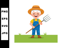 Young boy farmer holding pitchfork in field vector illustrat Product Image 1
