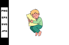 Sleeping child hugging yellow pillow in green pajamas peacef Product Image 1