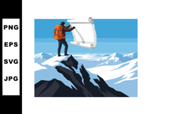 Male hiker with orange backpack reading map on snowy mountai Product Image 1