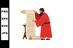 Ancient man reading long scroll manuscript in red robe vecto Product Image 1
