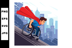 Man in wheelchair wearing red cape rolling fast down urban s Product Image 1
