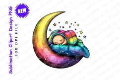 Watercolor Baby Sleeping Peacefully On Colorful Moon Clipart Product Image 1