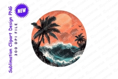 Tropical Island Sunset With Palm Trees And Crashing Clipart Product Image 1