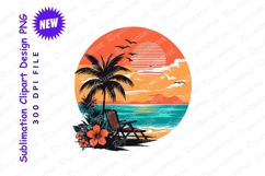 Tropical Beach Sunset With Palm Trees Lounge Chair Clipart Product Image 1