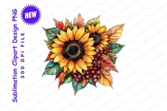 Watercolor Sunflowers With Autumn Leaves And Red Clipart Product Image 1