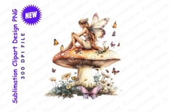Dreamy Fairy With Butterfly Wings Sitting On A Mushroom PNG Product Image 1