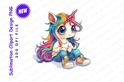 Adorable Cartoon Unicorn With Rainbow Hair Sitting Clipart Product Image 1