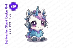 Cute Cartoon Unicorn With Headphones Listening Clipart Product Image 1