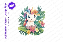 Cute unicorn with tropical flowers and leaves clipart png Product Image 1