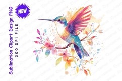 Watercolor Hummingbird Perched On Blooming Branch Clipart Product Image 1