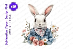 Fashionable Rabbit In Denim Jacket With Flowers clipart png Product Image 1