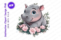 Cute Baby Hippo With Flowers Clipart Png Product Image 1