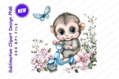 Cute Monkey Riding Scooter With Flowers Clipart Product Image 1