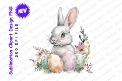 Easter bunny with decorated eggs and flowers clipart png Product Image 1