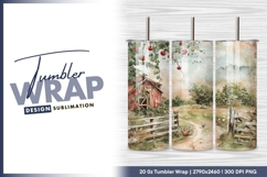 Watercolor farm scene with apples and chickens tumbler png Product Image 1