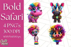 Funky Safari Animals PNG Clipart With Rainbow Hair, Cute Png Product Image 1