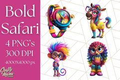 Funky Safari Animals PNG Clipart With Rainbow Hair, Cute Png Product Image 1